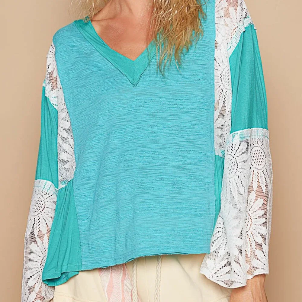 #103 POL V-Neck Flare Sleeve Lace Top